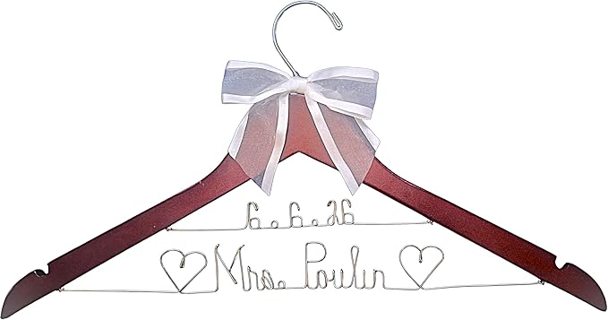 Bride Wedding Hanger for Dress Bride Name Mrs Silver, Gold Wire Writing - Dark Wood or White Wood Hanger with Notches Choice of 10 Bow Colors with or Without Wedding Date, Graduation Gown