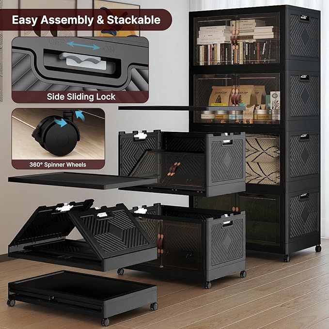 Extra Large Stackable Storage Bins, Lockable Storage Bins with Lids, Folding Storage box with Doors and Wheels, Collapsible Plastic Drawers for Home, Garage, Office (8, Black, Extra Large)