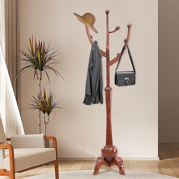 Coat Tree Freestanding Wood Tree Rack, Heavy Duty Creative Design Tree Branch-look Coat Rack Stand with 8 Hooks and Stable Sphere Base for Entryway, Hallway, Bedroom-Load 110lbs (Walnut)