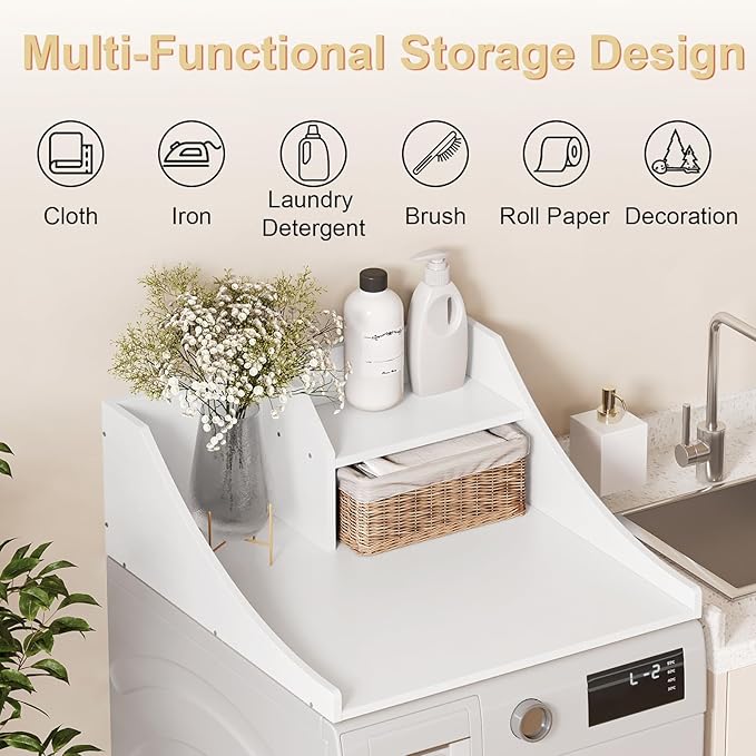 Washer Dryer Countertop Single, 27'' Wood Dryer Top Organizer 2-Tier Laundry Room Storage Shelf for Top of Washer and Dryer, White