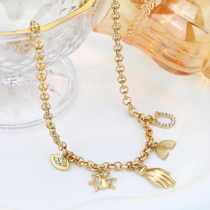 Chunky Gold Necklace for Women Gold Evil Eye Cowboy Pendant Necklace Dainty Paperclip Chain Vintage Luck Amulet Choker Necklaces Celestial Jewelry Gift