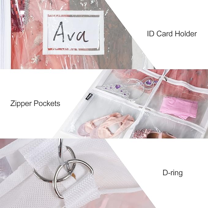 Univivi Clear PVC Dance Costume Bags Garment Bag 40 Inch for Dance Competitions, with 4 Medium Clear Zipper Pockets and 1 Large Back Zippered Pocket (Clear)