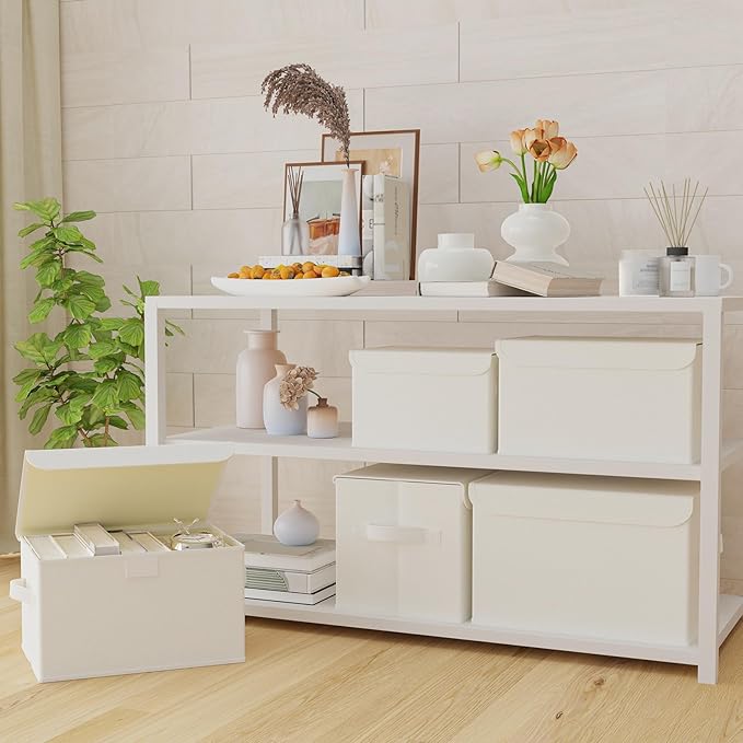 Storage Bins with Lids for Organizing, Closet Boxes with 2 Carrying Handles and Sturdy Heavy Cardboard, Home Organizers Cubes, 2 Pack, Beige, 15 x 9.8 x 9.8 In, XSNY12BEL-2