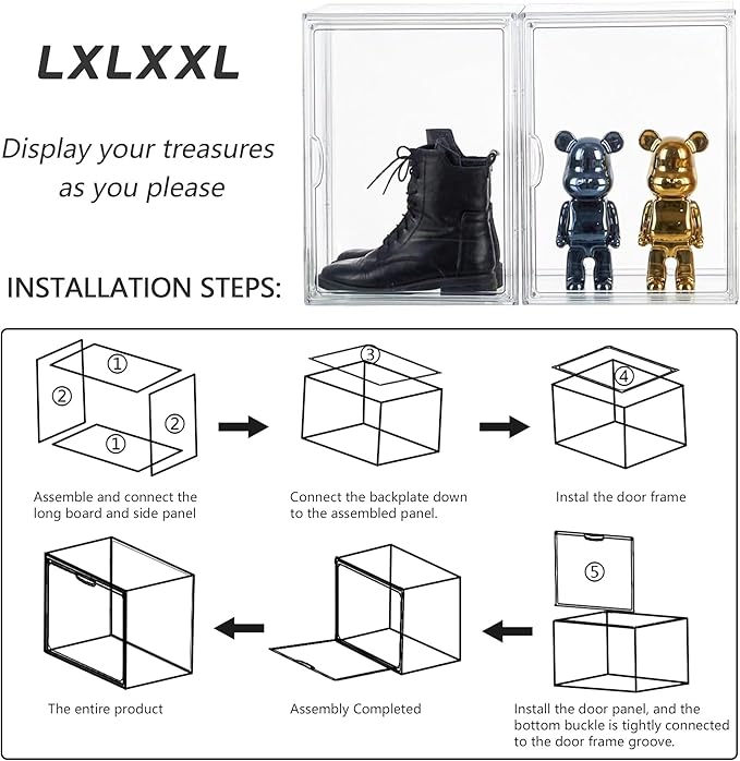 Clear Stackable Plastic Storage Bins with Magnetic Attraction Lid, Acrylic Box Display Case Showcase for Cosmetic, Large Figures Collectibles (4 Pack, X-Large)