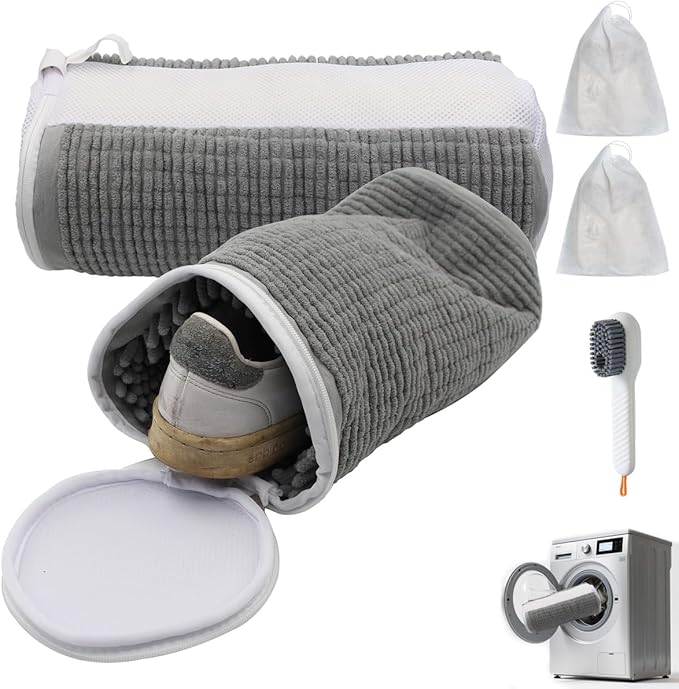 Shoe Washing Machine Bag,Blue and white stripes Mesh Shoe Washing Bag for Washing Machine - Large Size Fits various Shoes, Chenille Fabric Protection, Zipper Laundry Bag for Sneakers (2 Pcs) (Grey)