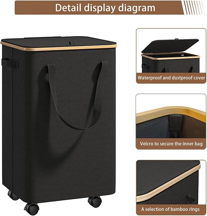 Large Laundry Basket with Wheels,100L Tall Laundry Hamper with Lid and Removable Liner Bag,Collapsible Dirty Clothes Hamper for Bathroom,Bedroom,Dorm & Laundry Room,Black