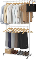 Sywhitta Double Rod Clothing Garment Rack, Rolling Coat Hanger with Bottom Mesh, Clothing Rack for Hanging Clothes, Coats, Skirts, Sweaters, White