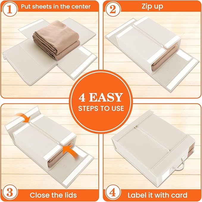 WOWBOX Sheet Organizers and Storage,Closet Bed Sheet Organizer Under Bed Storage and Organization with Label Cards & Clear Window for Bedding Sheets,Duvet Covers,Blankets (3 Pack，Beige)