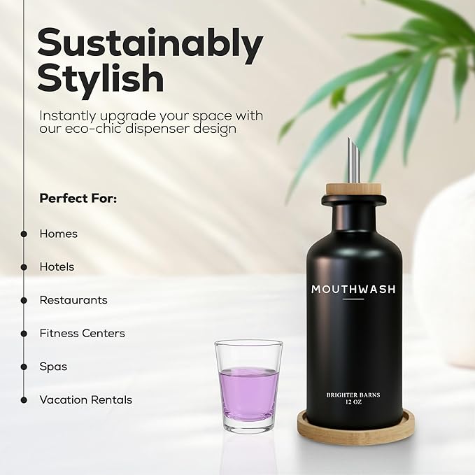 Black Glass Mouthwash Dispenser for Bathroom by Brighter Barns - Mouth Wash Dispensers for Bathroom Sink- Boho Mouthwash Container - Modern Bathroom Decor for Airbnb, Gym, Dental Office, Gift (Black)