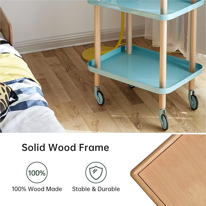 Rolling Storage Cart, 3 Tier Bathroom Organizer Mobile Shelving Unit, Metal Utility Cart Tower Rack with Beech Wood Frame for Kitchen Laundry Narrow Places(13.77"D x 19.68"W x 32.08"H, Blue)