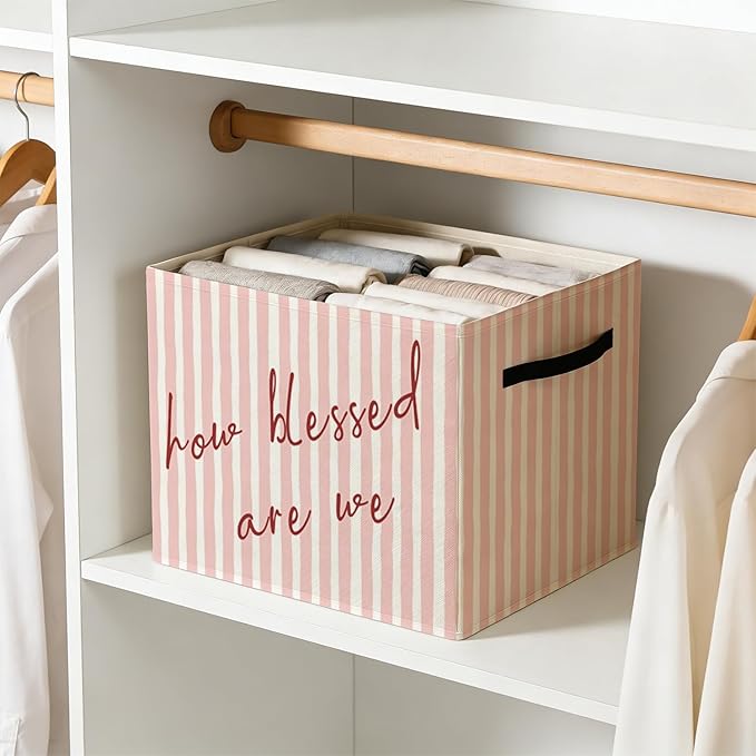 Pink Christian Storage Bin Box with Handles, How Blessed Are We Motivational Religious Foldable Baskets Organizer for Girls Bedroom Bathroom Clothes Toys Books, Toybox for Girls