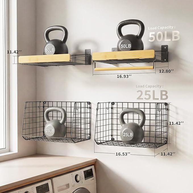 Wall Mounted Laundry Room Shelves, Wire Baskets with 8 Hooks and Hanging Rod, Over The Washer and Dryer Shelf, Drying Rack, Laundry Room Organizer and Storage, 2 Pack Black