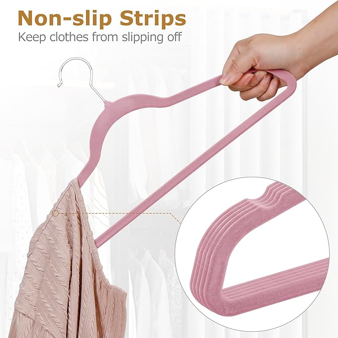 ZENY Velvet Hangers 100 Pack, Non-Slip Clothes Hangers, Suit Hangers with Shoulder Notches, Pants Bar, 360° Swivel Hook, Space-Saving, for Closet (Pink)