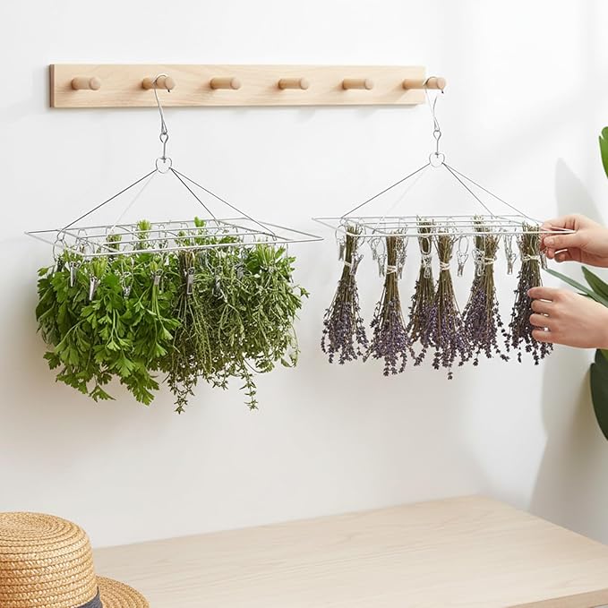4 Pieces Stainless steel Hanging Drying Rack Two Kinds, Two of Each, Square and Round Stainless Steel with 30 Hooks, Space-Saving for Fresh and Aromatic and Clothes