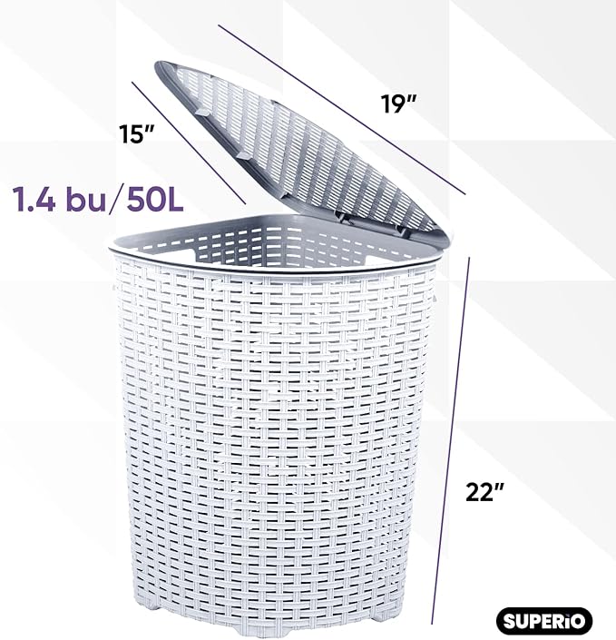 Plastic Corner Laundry Hamper with Lid, Curved Designed Laundry Basket, 2 Pack Triangle White Cloths Hamper Organizer with Cut-out Handles for Laundry Room Bedroom Bathroom, Wicker Design, 50 Liter