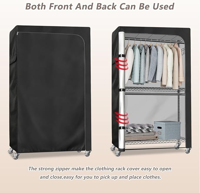 Rileytee Garment Rack Cover,600D Heavy Duty Waterproof Clothing Rack Cover,Clothes Rack Cover with Zipper for Metal Garment Rack(Black,46"W x 18"D x 80"H,Cover Only）