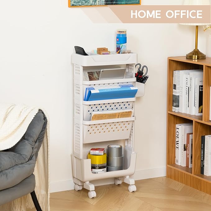 AGTEK 5-Tier Rolling Cart Study, Book Storage Cart, Magazine Rack, Slim Design, Top Shelf, Office Bookcase, Living Room Storage Rack, Large Capacity, Classroom, White