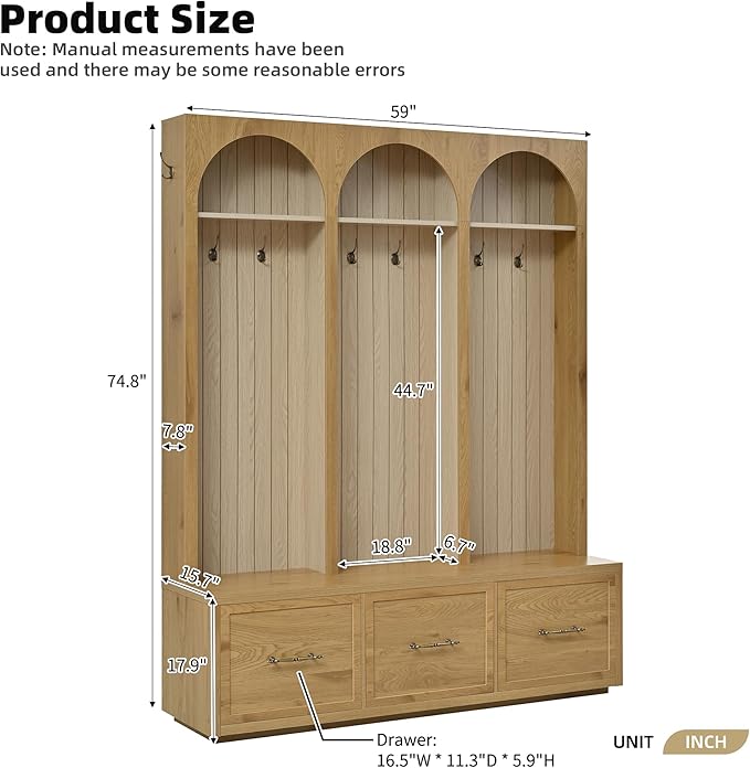 Merax Farmhouse Wood Hall Tree with Shoe Bench and 3 Drawers, 4-in-1 Coat Rack with 8 Hooks for Entrance, Hallway, Mudroom Natural