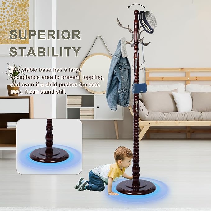 Wooden coat rack stand, Heavy duty coat racks tree freestanding with 14 Hooks and Sturdy Round Base, Coat tree for jacket, Hats, Bags, Purses, clothes (Round base-Metal Phoenix Groove)
