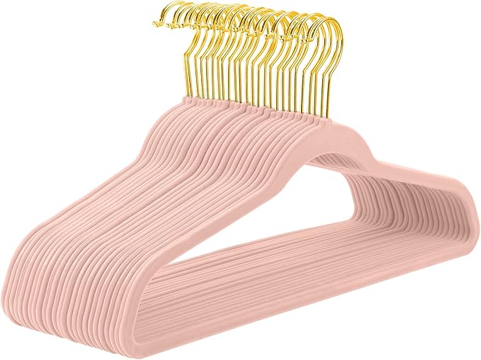MIZGI Blush Pink Velvet Hangers 60 Pack,Premium Gold Clothes Non-Slip Felt Hangers,Sturdy Pink Heavy Duty Coat Hanger,Durable Suit Hanger for Space Saving, No Marks