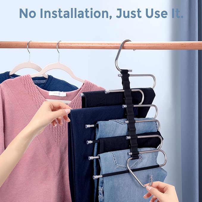 Magic Pants Hangers Space Saving - 2 Pack Multi Layers Pant Hangers with Clips - Non Slip Scarf Hanger Jean Organizer for Closet - Multi Functional Pants Rack (2 Pack with 6 Hanging Clips)