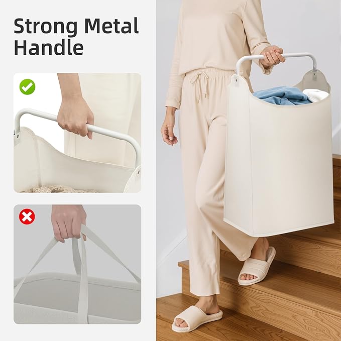 STORAGE MANIAC 2 Pack Large Laundry Hamper with Sturdy Metal Handle, Collapsible Laundry Basket, Freestanding Waterproof Clothes Hamper for Laundry Room, Bedroom, Dorm, Towels, Toys, White