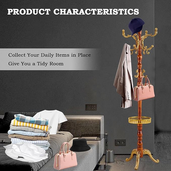 Coat Racks FreeStanding with 14 Hooks, Natural Wood Coat Rack with Solid Round Base, Adjustable Height Coat Racks, Easy Assembly for Hallway, Bedroom and Office (Begonia color-Tray)