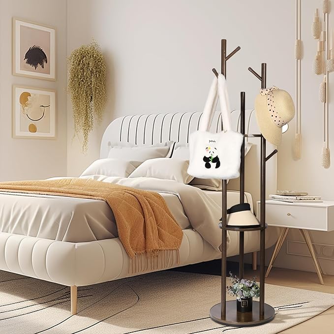 Wood Coat Rack with 3 Shelves and 9 Hooks, Freestanding Rotary Coat Tree for Entryway, Bedroom, Living Room, Hallway – Holds Jackets, Coats, Hats, Bags (Walnut)