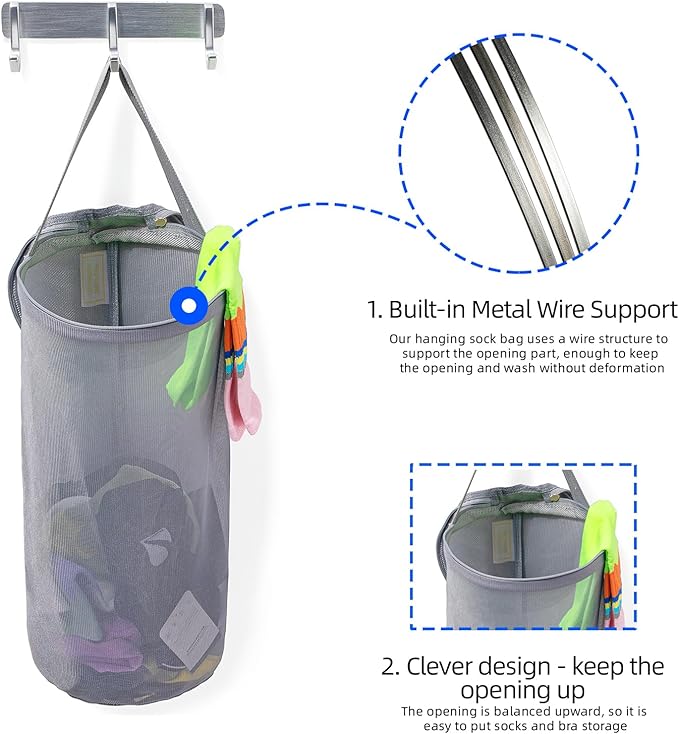 Large Capacity Sock Laundry Bag With Wire Construction Opening Use YKK Zipper Tote Bag Bathroom Hanging Suitable For Underwear, Socks Fine Mesh Laundry Bag 1 Grey
