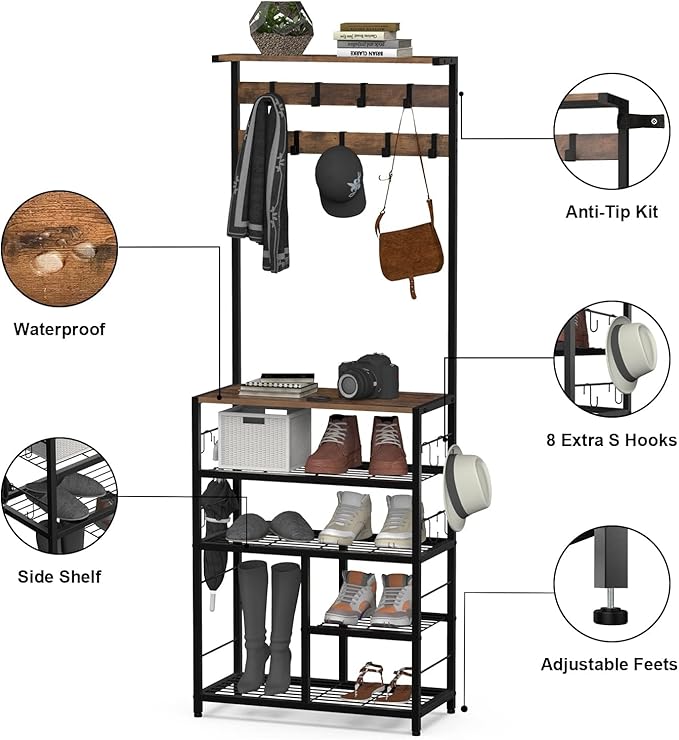 GiftGo Vintage Large 5-Tier Hall Tree with Console Table Entryway Coat Rack Floor Standing Shoes Rack Storage Shelf Organizer for Home Office Bedroom (Rustic Brown)