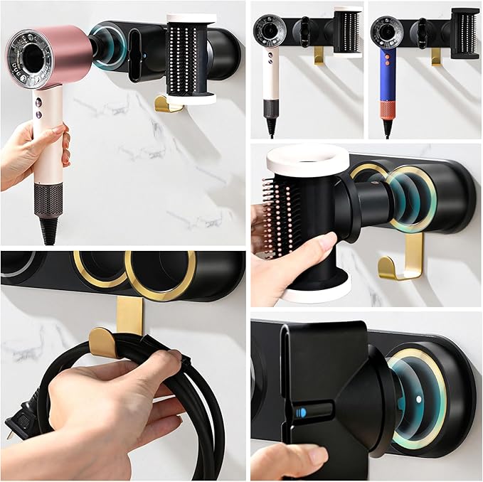 simpletome Hair Dryer Holder Wall Mount for All Magnetic High Speed Blow Dryer with Plug Cord Organizer Hook (Aluminum Alloy, Black)