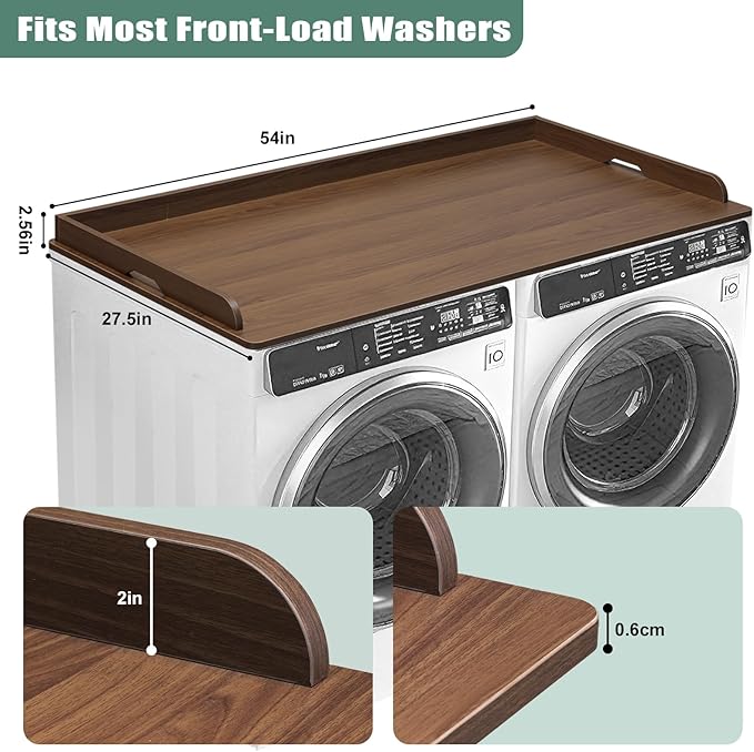 Washer Dryer Countertop 54 x 27.5 MDF Laundry Countertop Topper with Raised Edge, No Install Waterproof Non Slip Washer Dryer Top, Fits Front Load Machines, 200 lb Capacity, Walnut