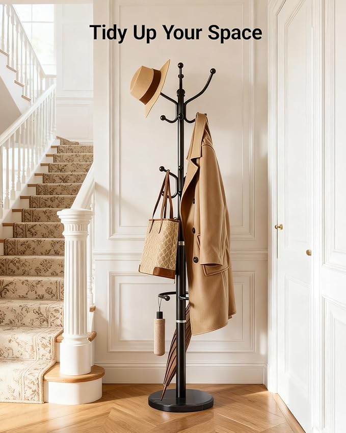Pipishell Metal Coat Rack with Sturdy Marble Base, Coat Tree with 16 Hooks & Detachable Umbrella Holder, Freestanding Coat Rack for Entryway, Corner, Bedroom and Home Office, Black