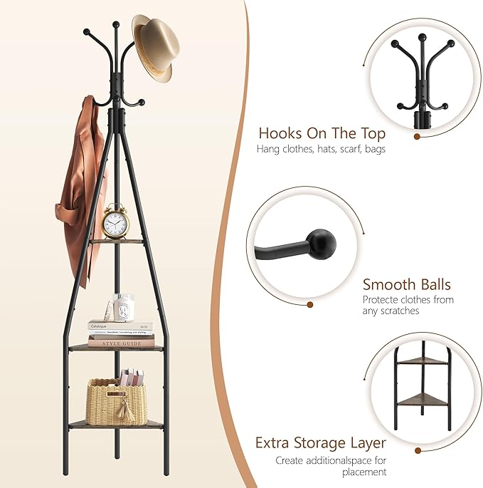 Hoctieon 3-Tier Coat Rack Freestanding with Shelves, Industrial Coat Stand with Storage, Mordern Coat Tree Free Standing for Clothes, Hats, Bags, Grey