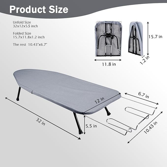 SheeChung Small Tabletop Ironing Board 32" Lx12 W,Folding Ironing Board with Iron Rest,Mesh Metal Base,Cotton Cover,Hook for Hanging,Portable Mini Iron Board for Sewing Craft Room Dorm,Grey Blue