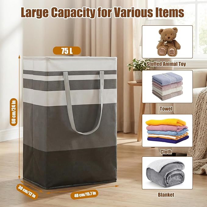 8 Pack Extra Large Laundry Basket, Waterproof & Collapsible Laundry Hamper with Heavy-Duty Handles, Freestanding Hamper for Clothes, Toys, Towels in Home Dorm Bathroom Bedroom-75L, Grey, Local Stock
