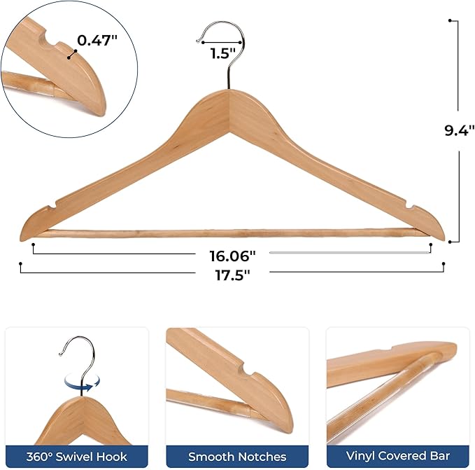 JS HANGER Schima superba Wooden Hangers 20 Pack, Smooth Finish Natural Wood Coat Hangers for Suit Shirt，Dress, Jacket, Pants Clothes Hanger with Swivel Hook & Notches