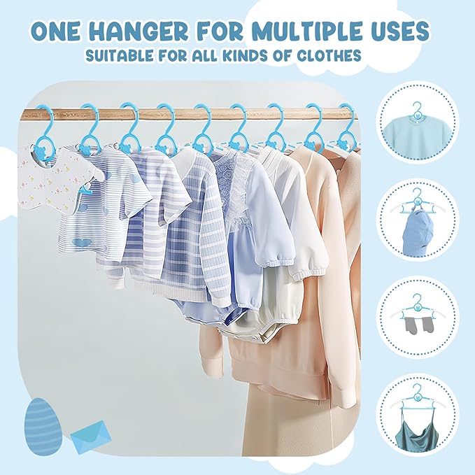 50 Pack Kids Hangers for Nursery Closet, Adjustable Non-Slip Toddler Baby Hangers with Windproof Buckle, 11-14" Infant Child Plastic Clothes Pant Hanger for Boys Girls Newborn Adult, Blue