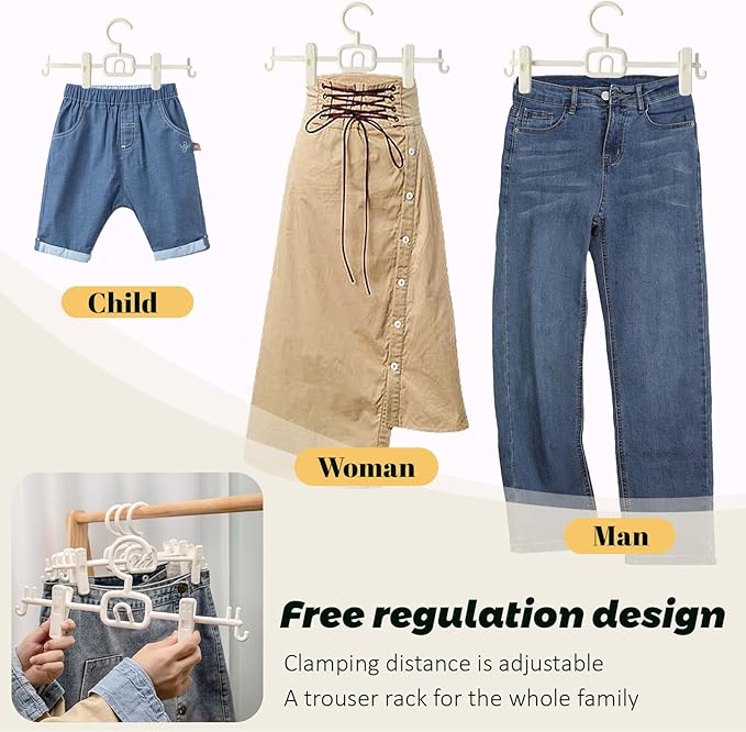 18 Pack Multi-Functional Stackable Smooth White Plastic Pants Hanger with Clip, Non-Slip Adjustable Clip Distance, 360° Rotating Hook, to Meet The Clothing of Multiple Ages,Space Saving