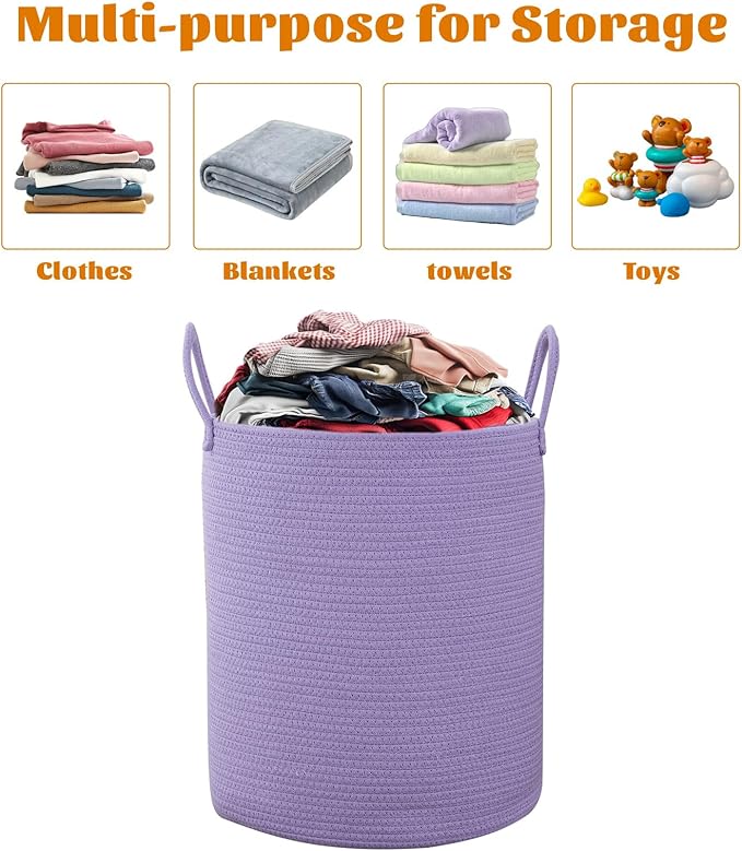 Woven Basket Nursery Laundry Hamper with Handles, Clothes Storage Organizer, Woven Basket for Boy Room Decor, Toy & Blanket Storage Bin, 15x15x18 Inch,Purple,1pc