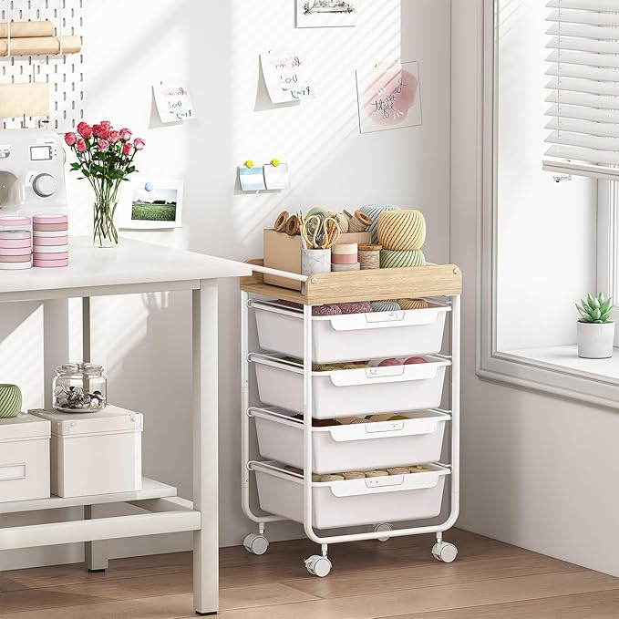 APEXCHASER Plastic Drawer Organizers with Wheels, 4-Tier Rolling Storage Cart with Wooden Top, Plastic Drawer Unit for Kids’ Toys, Office Supplies, Nursery Essentials, and Laundry Storage,White