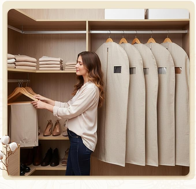 5 Pack Plastic Garment Bags for Hanging Clothes, 24 x 40 Inch Breathable Canvas Suit Bags Linen Hanging Suit Cover for Closet Storage Short Dresses Suits Gowns Travel Garment Cover