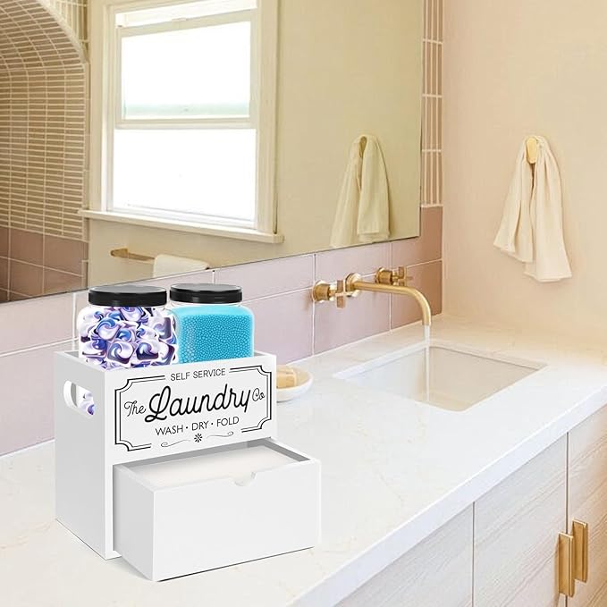 Laundry Pods Container, 7.8 x 5.1 x 6.7 Inches Wooden Dryer Sheet Container, Rustic Containers Storage Box, 2-Tier Storage Box with Drawer for Dryer Sheets and Pods (White)