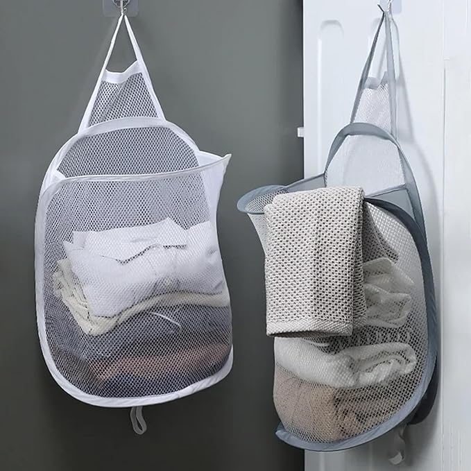 2pcs mesh foldable laundry basket, dirty clothes storage bag basket frame bucket, foldable mesh laundry bathroom wall mounted dirty clothes storage container (gray and white)