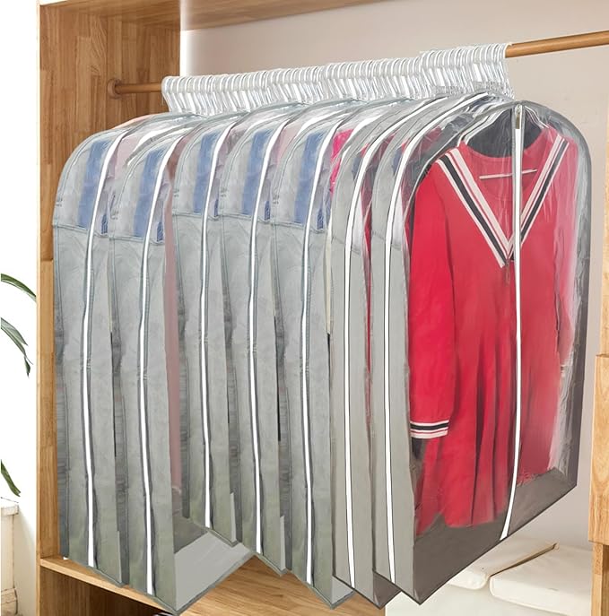 6.3"Gusseted Garment Bags for Hanging Clothes with Dual Zippers- Full Clear Front & Sides PEVA,50"Breathable Dust-proof Waterproof Dress Covers for Closet Storage,Travel,Moving,Gray,5 Pack