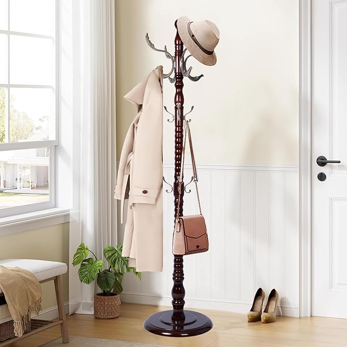 Wooden coat rack stand, Heavy duty coat racks tree freestanding with 14 Hooks and Sturdy Round Base, Coat tree for jacket, Hats, Bags, Purses, clothes (Round base-Metal Phoenix Groove)