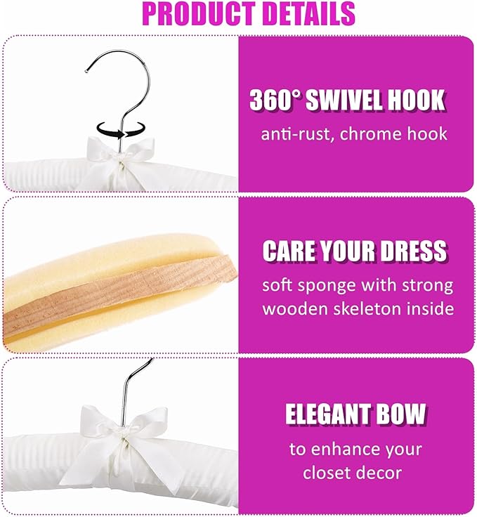 Amber Home 5 Pack 17 Inch Large Ivory Satin Padded Hangers for Women Clothing, Anti Slip Cushioned Hangers for Sweaters, Silk Hangers Fancy Dress Hangers for Wedding, Delicate Cashmere