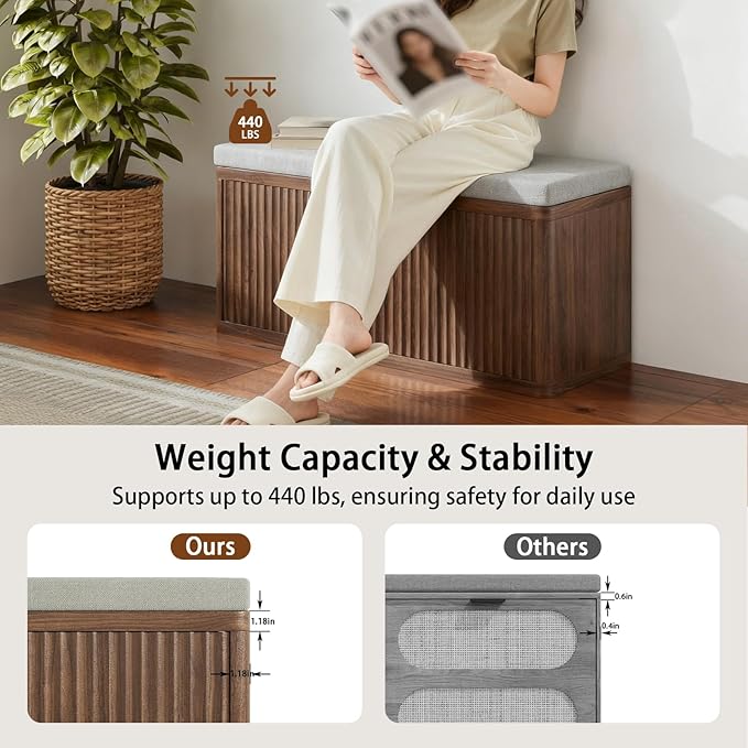 Double Layered Shoe Cabinet with Bench,Wooden Shoe Bench with Soft Cushion,Double Door without Handle Pressing Spring,Fluted Panel,Suitable for Entrance,Corridor and Living Room (Shoe Bench-Walnut)