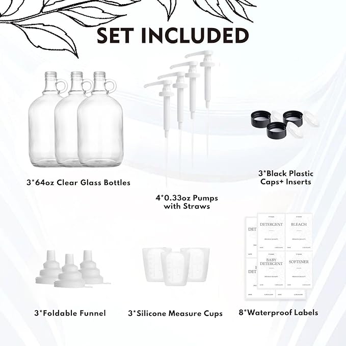 3 Pcs Glass Laundry Detergent Dispenser, Half Gallon Liquid Laundry Soap Dispenser for Laundry Room (64 oz. Each), Laundry Detergent Bottles with Pump Dispenser -Includes Labels, Funnel, Measuring Cup