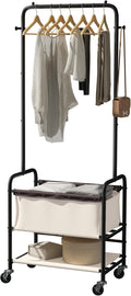 StorageWorks Laundry Cart with Hanging Rack, Rolling Laundry Hamper, Laundry Basket with Wheels, Laundry Room Clothes Sorter Storage Basket and Shelf, Beige